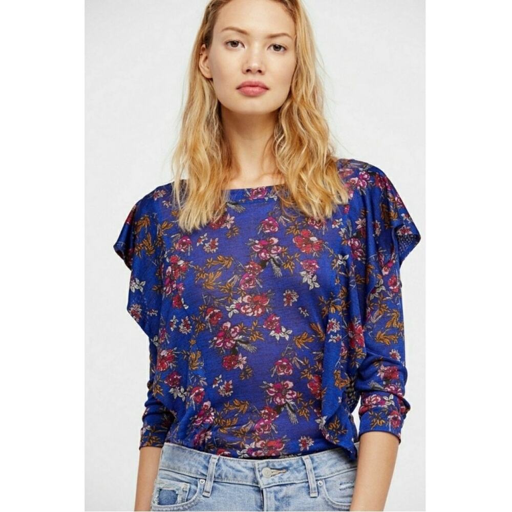 Free People Dock Street Top Ruffle Floral 3/4 Sleeve Top Button Keyhole Back XS